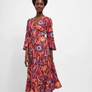 Next Day Floral Printed Midi Dress Raglan Bell Sleeve Cotton Ruffle M New 208742